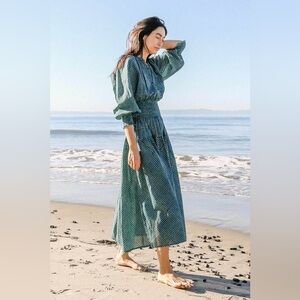 Apiece Apart La Ventura Maxi Dress Green Smocked Long Sleeves Mini Gingham